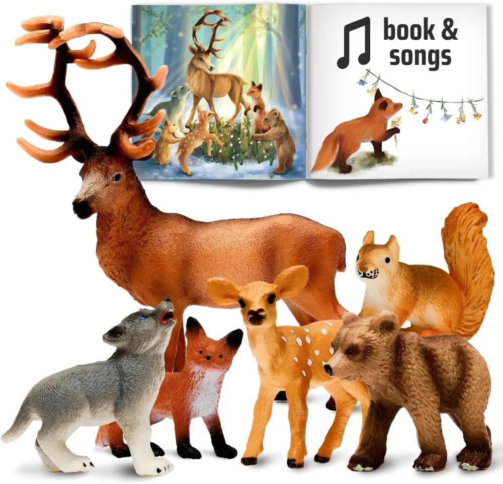 Narratoys Forest Baby Animal Figures for Toddlers with Book & Audio - 6 Realistic Plastic Wildlife Toys Set with Deer, Bear, Fox, Squirrel, Wolf - Educational Figurines for Kids 18  Months