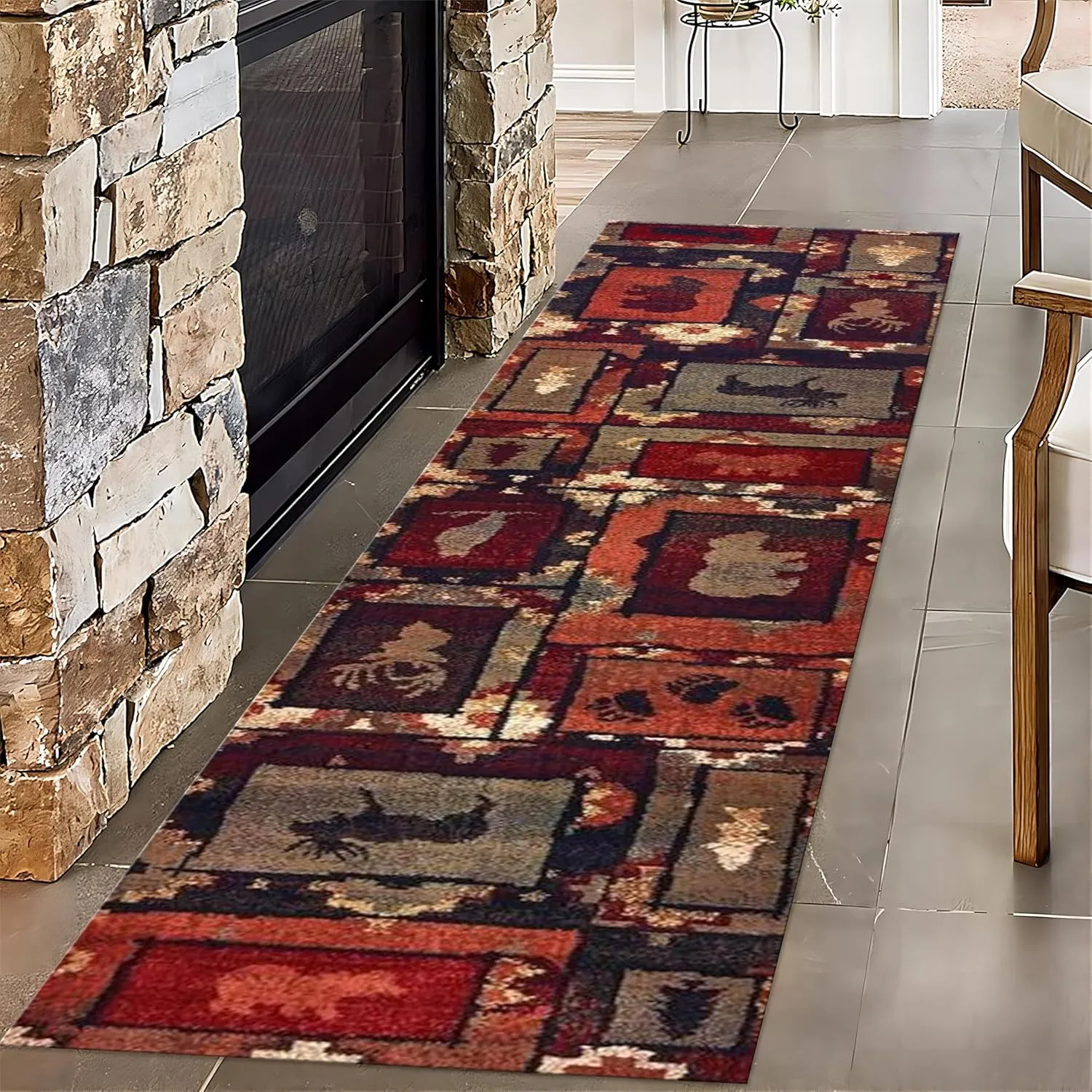 Native American Runner for Entryway, 2x10ft, Jungle Animal Bear Moose Hallway Carpets, Non Skid Low Pile Non-Shedding Soft Foldable Printed Fade Resistant Rug for Bedside Porch Floor