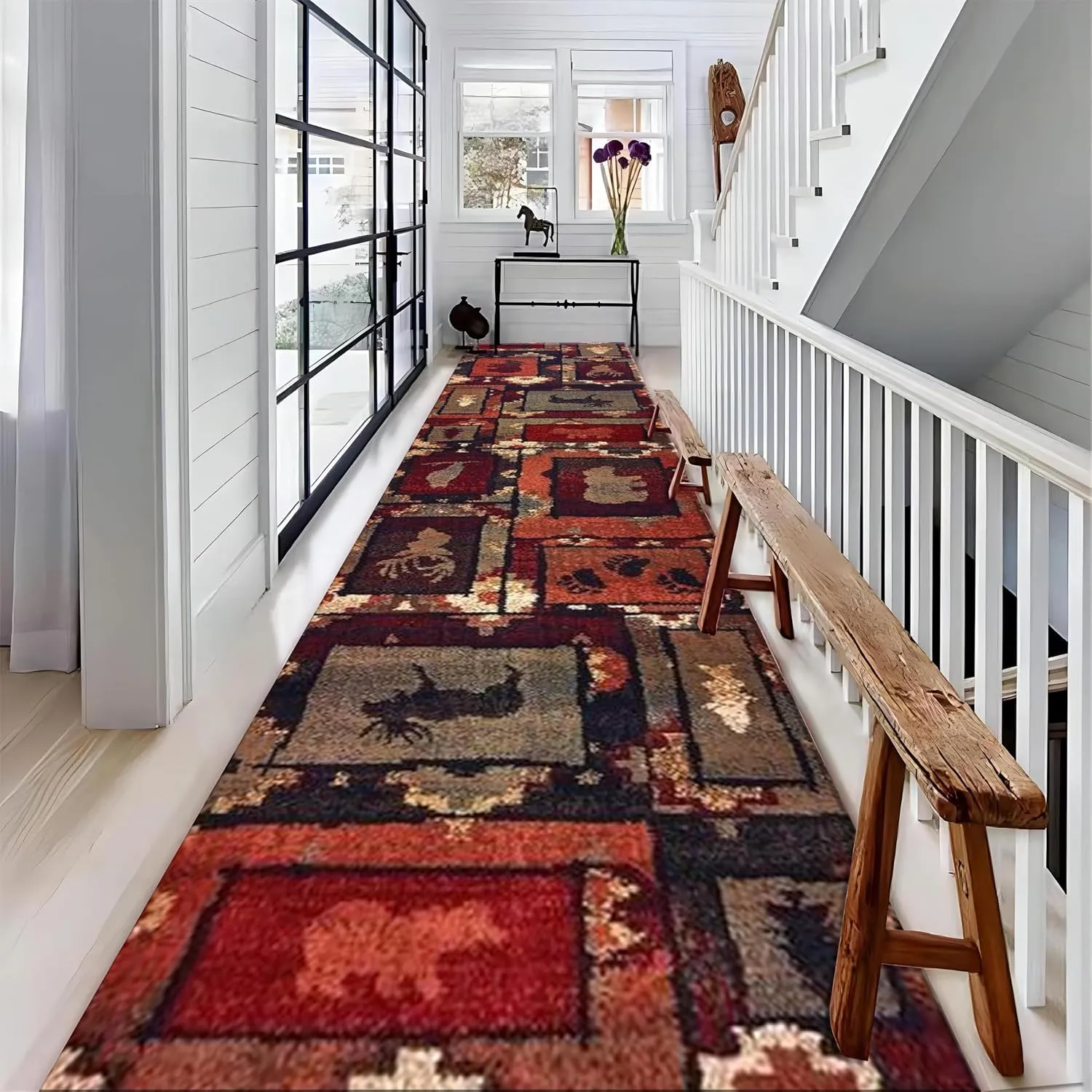 Native American Runner for Entryway, 2x10ft, Jungle Animal Bear Moose Hallway Carpets, Non Skid Low Pile Non-Shedding Soft Foldable Printed Fade Resistant Rug for Bedside Porch Floor