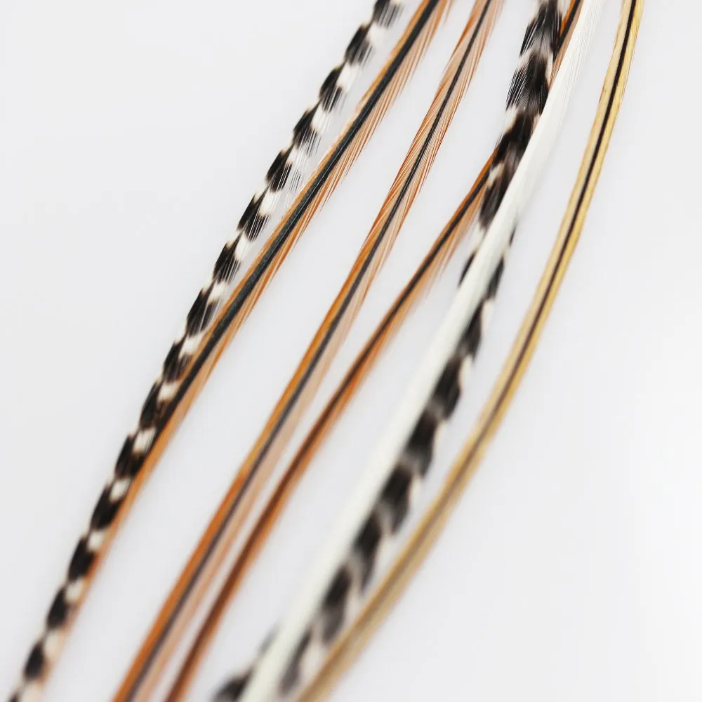 Natural Beige and Brown Feather Hair Extension – Ranging from 8 to 12 Inches, Seven Genuine Rooster Feathers Bonded Together, Includes Two Silicone Micro Beads