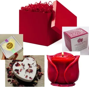 Natural Gift Set - Beeswax Red Rose Candle (4.24"W x 4" H) and Heart Shaped - Natural Bath Bomb - Handmade with Essential Oils - 3 oz