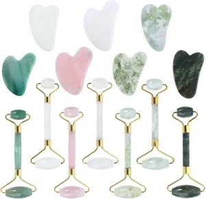 Natural Jade Roller Gua Sha Set Facial Massage,Rose Quartz Set