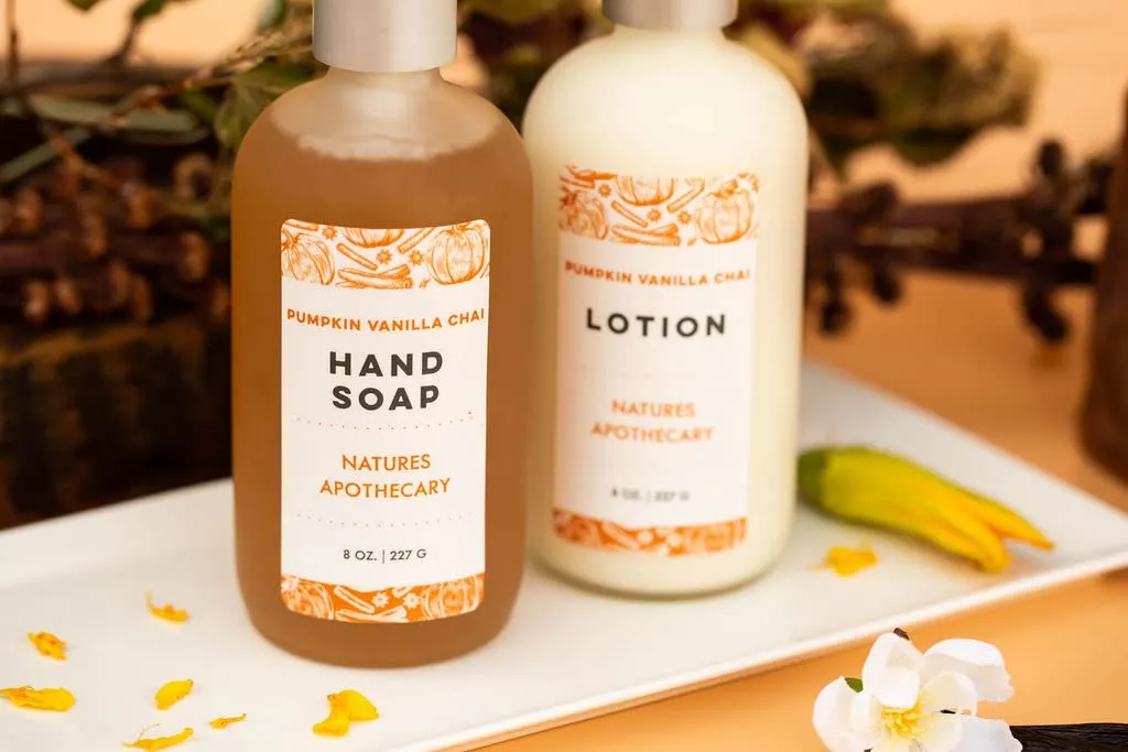 NATURE'S APOTHECARY DAYSPA Body Basics Pumpkin Vanilla Chai Eco-Friendly Liquid Soap Set - Vegan, Sulfate-Free, Hypoallergenic - Includes Lotion, Soap, Metal Holder