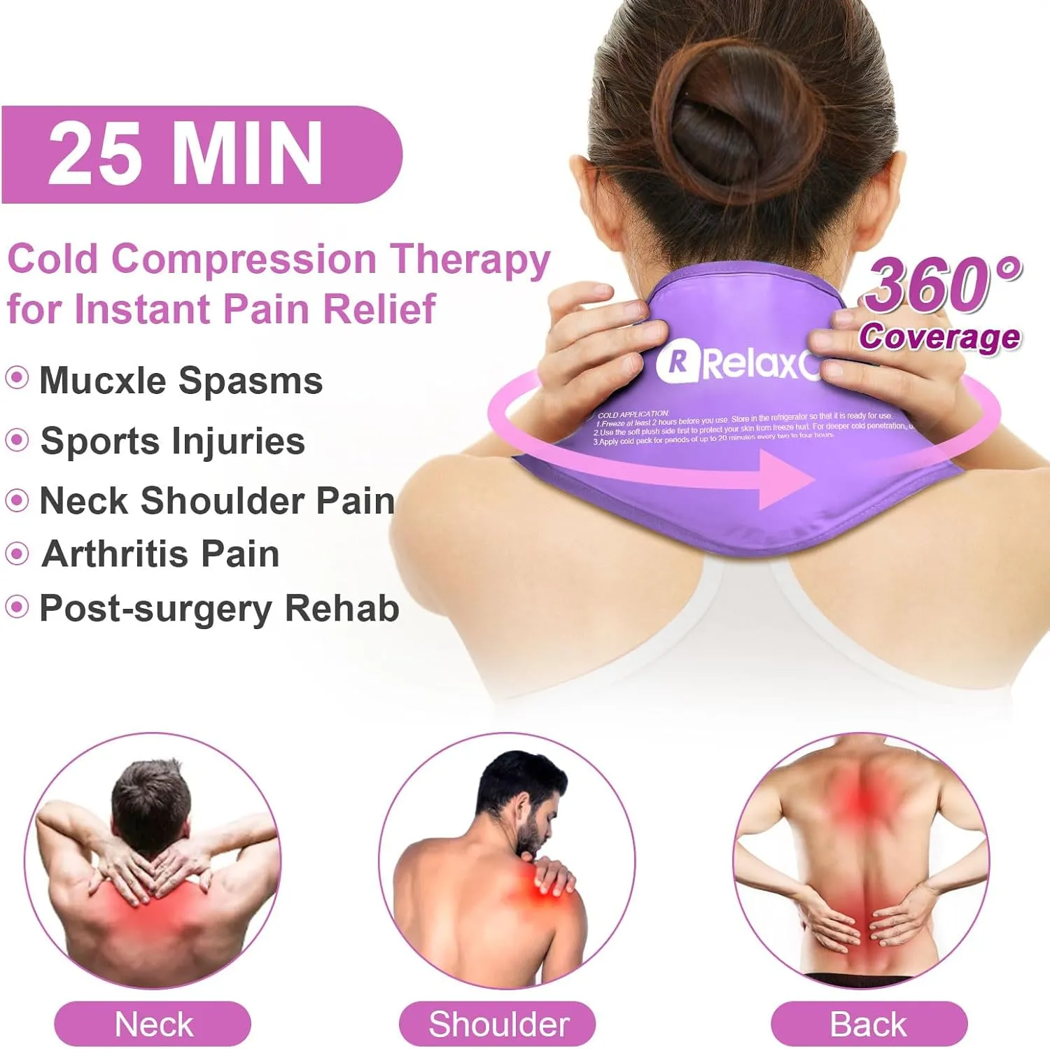 Neck Ice Pack Wrap, Reusable Gel Ice Pack for Neck Shoulders, Cold Compress Therapy for Pain Relief, Injuries, Swelling, Bruises, Sprains, Inflammation and Cervical Surgery Recovery Purple