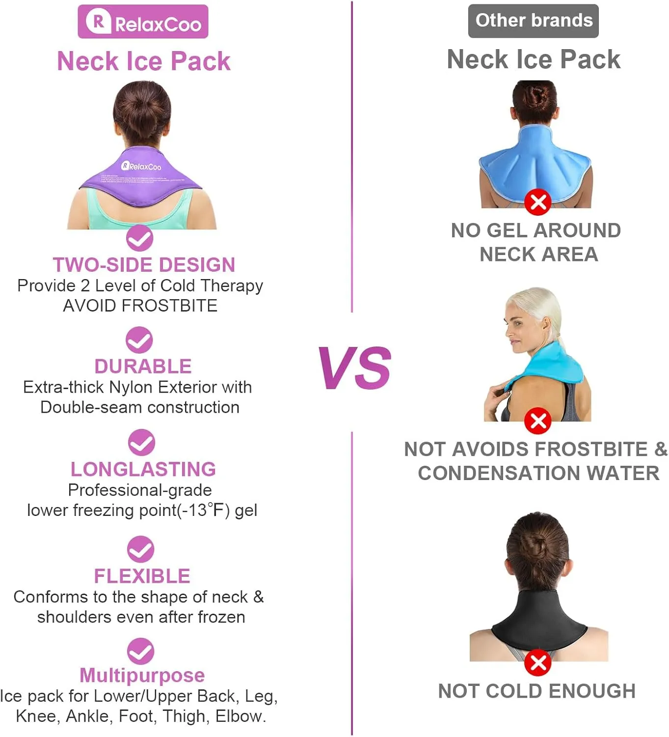 Neck Ice Pack Wrap, Reusable Gel Ice Pack for Neck Shoulders, Cold Compress Therapy for Pain Relief, Injuries, Swelling, Bruises, Sprains, Inflammation and Cervical Surgery Recovery Purple