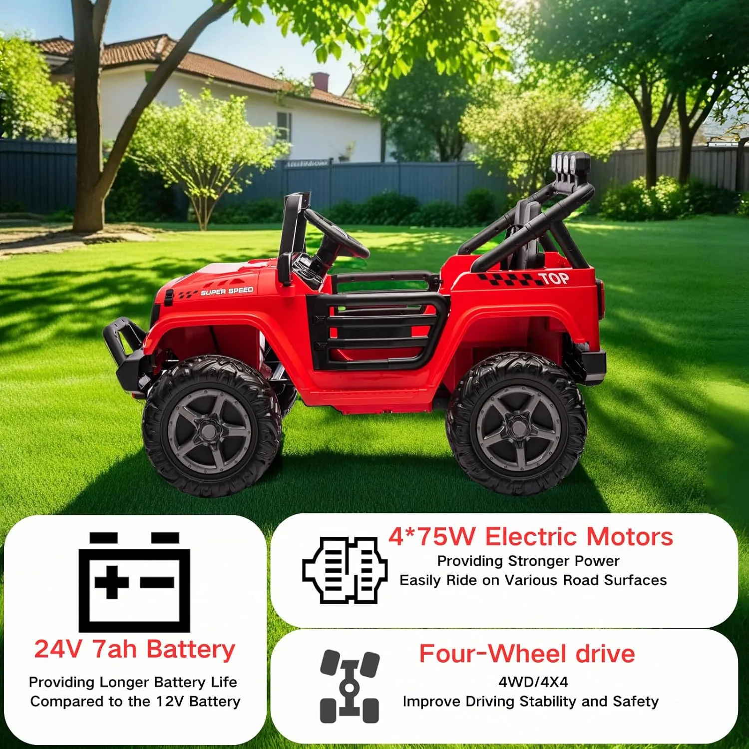 NEWQIDA 24V 2 Seater Ride on Truck Car with Remote Control 24V Ride on Toys for Big Kids Electric Vehicles 4x4 Off-Road Style, EVA Tires, 4x200W Motors, Spring Suspension, Soft Braking, Music, Red