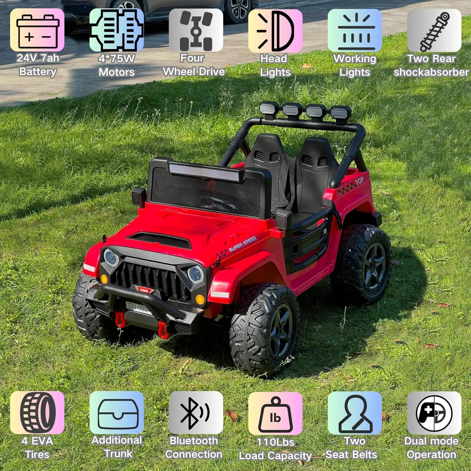 NEWQIDA 24V 2 Seater Ride on Truck Car with Remote Control 24V Ride on Toys for Big Kids Electric Vehicles 4x4 Off-Road Style, EVA Tires, 4x200W Motors, Spring Suspension, Soft Braking, Music, Red