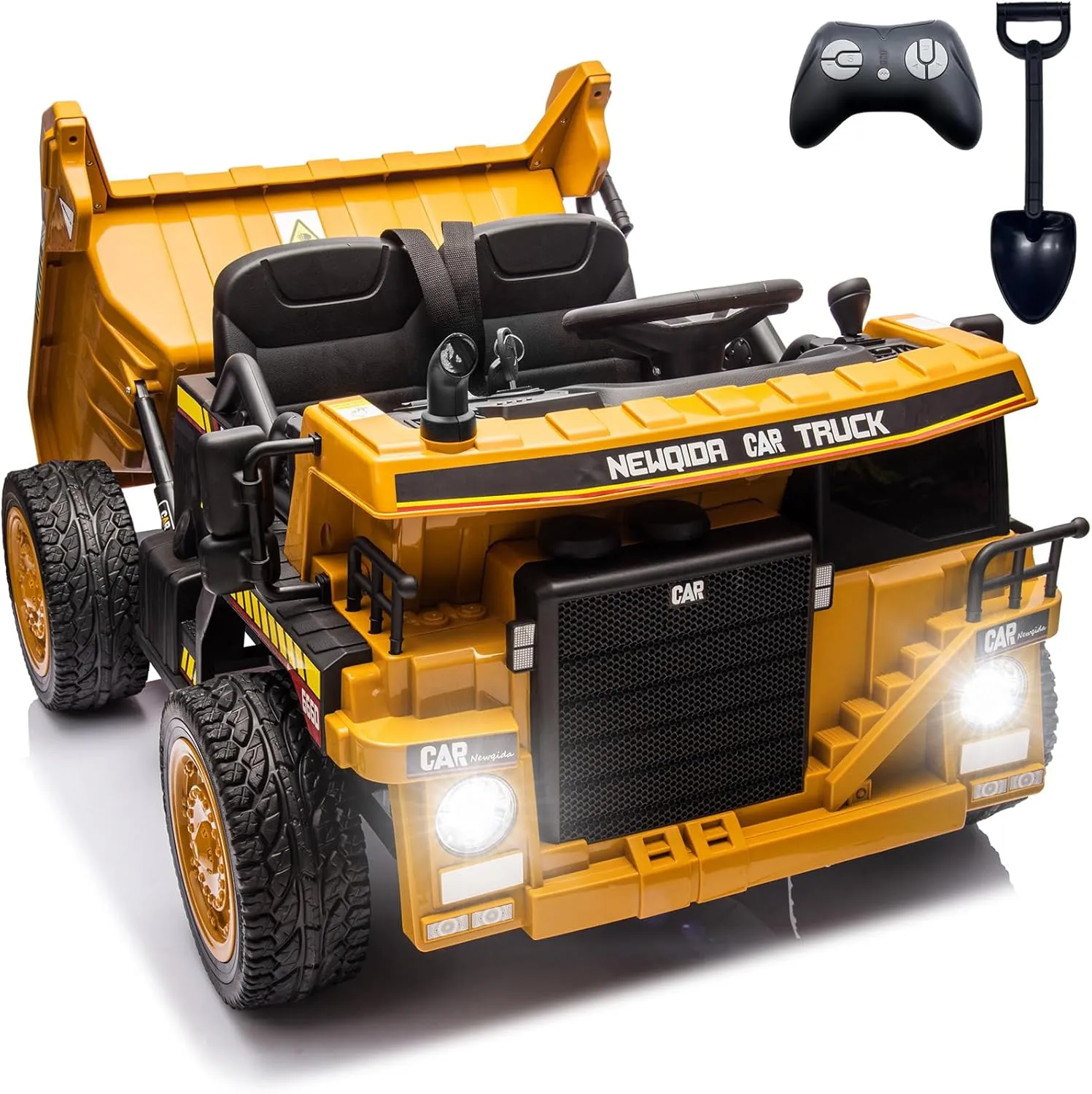NEWQIDA Ride on Dump Truck, 24V Kids Electric Car with Remote Control, Ride on Toys with Electric Dump Bed and Extra Shovel, 2x75W Powerful Motors, Up to 4.4Mph, EVA Tires, Music, Soft Start, Yellow