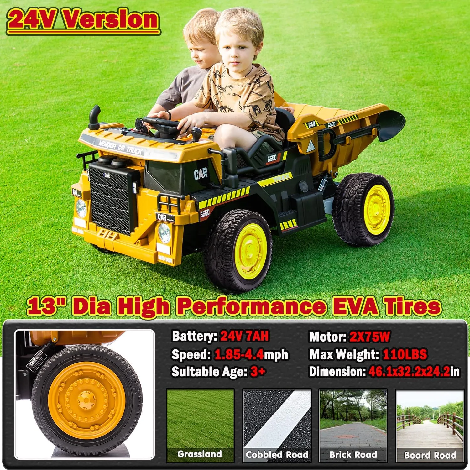 NEWQIDA Ride on Dump Truck, 24V Kids Electric Car with Remote Control, Ride on Toys with Electric Dump Bed and Extra Shovel, 2x75W Powerful Motors, Up to 4.4Mph, EVA Tires, Music, Soft Start, Yellow