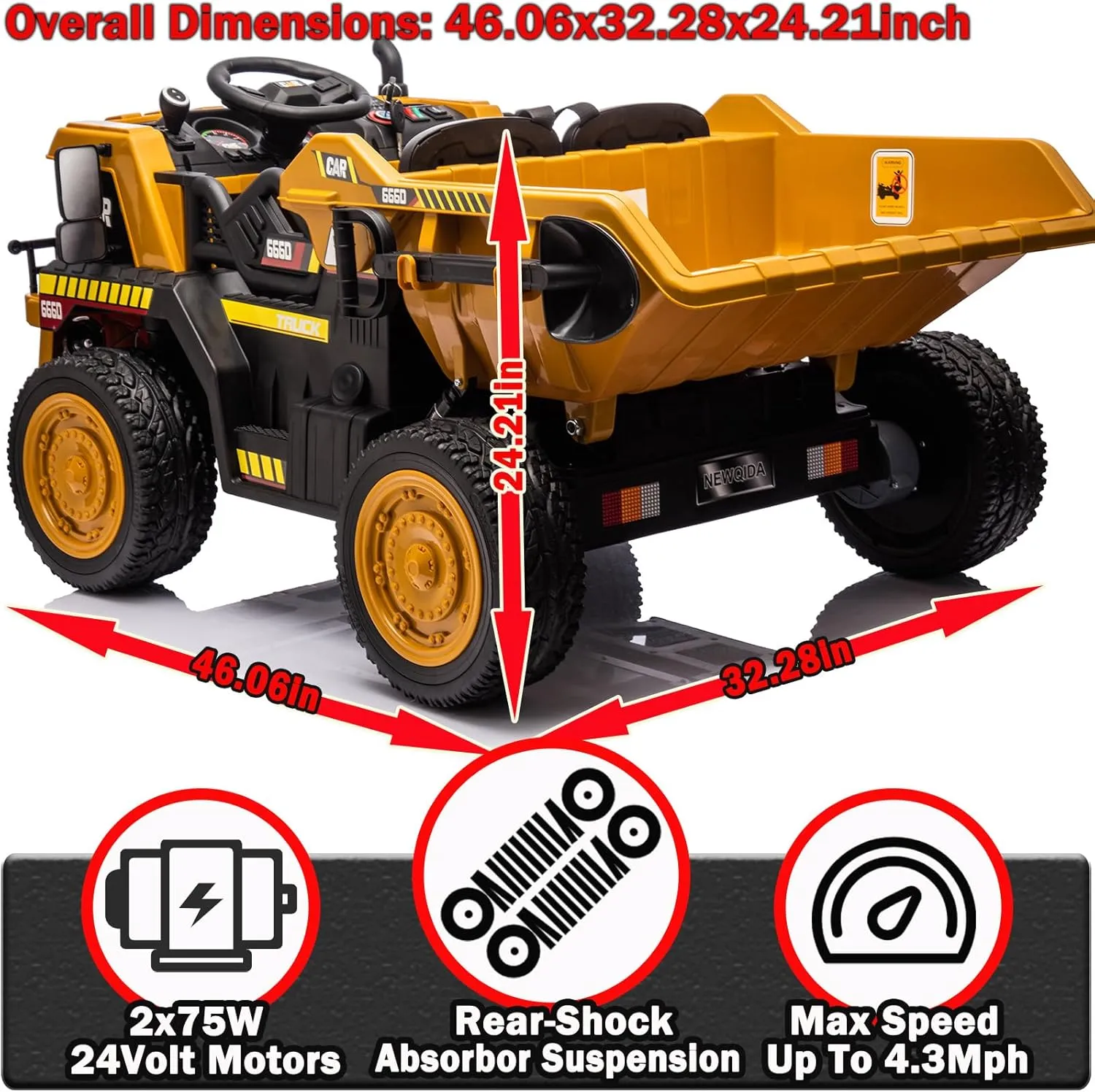 NEWQIDA Ride on Dump Truck, 24V Kids Electric Car with Remote Control, Ride on Toys with Electric Dump Bed and Extra Shovel, 2x75W Powerful Motors, Up to 4.4Mph, EVA Tires, Music, Soft Start, Yellow