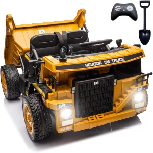 NEWQIDA Ride on Dump Truck, 24V Kids Electric Car with Remote Control, Ride on Toys with Electric Dump Bed and Extra Shovel, 2x75W Powerful Motors, Up to 4.4Mph, EVA Tires, Music, Soft Start, Yellow