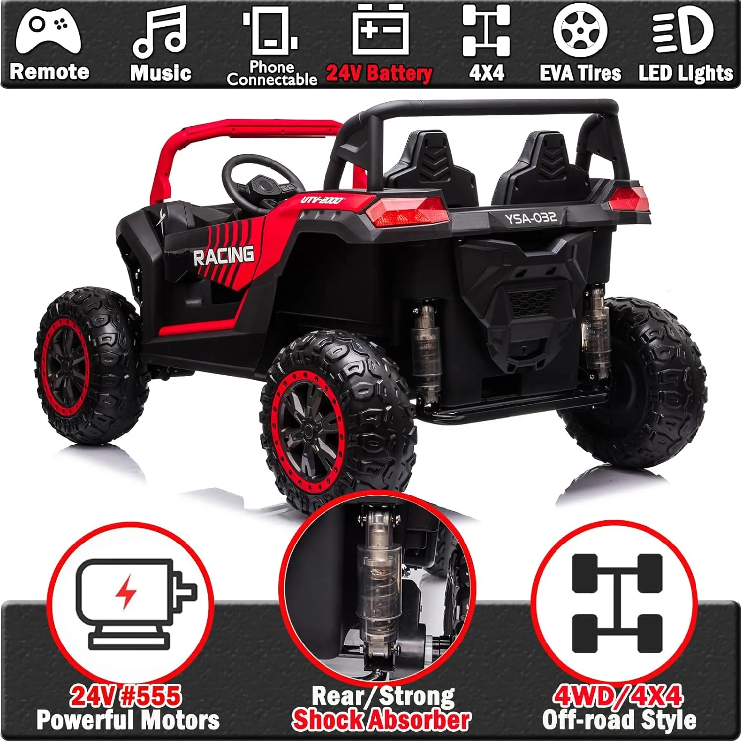 NEWQIDA XXXL 24V Ride On Toys for Big Kids UTV Large 2 Seater Ride On Car for Kids 4WD Ride On Truck with Remote Control, Off-Road Side by Side, Max 220lbs, Up to 5.6 MPH, Rear Shock Suspension, Red