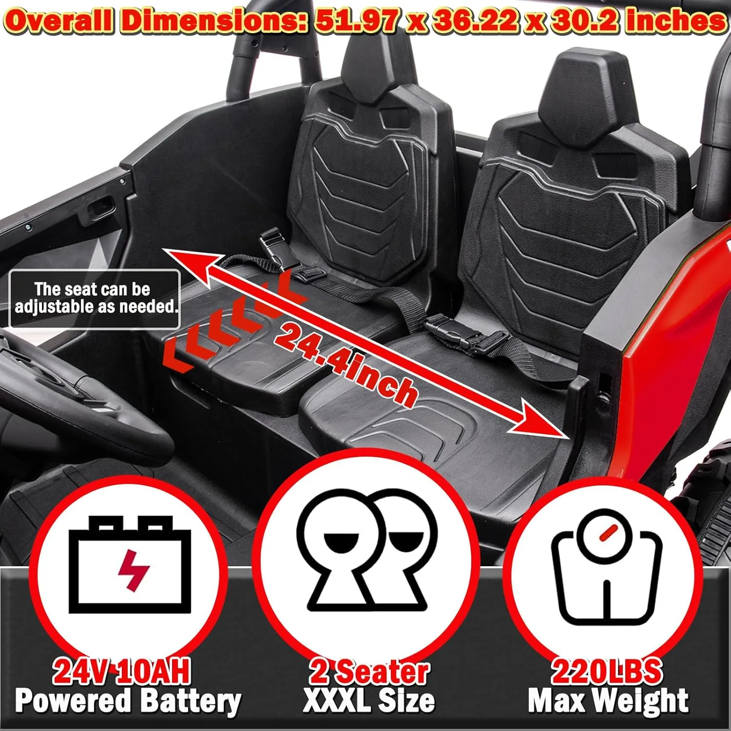 NEWQIDA XXXL 24V Ride On Toys for Big Kids UTV Large 2 Seater Ride On Car for Kids 4WD Ride On Truck with Remote Control, Off-Road Side by Side, Max 220lbs, Up to 5.6 MPH, Rear Shock Suspension, Red