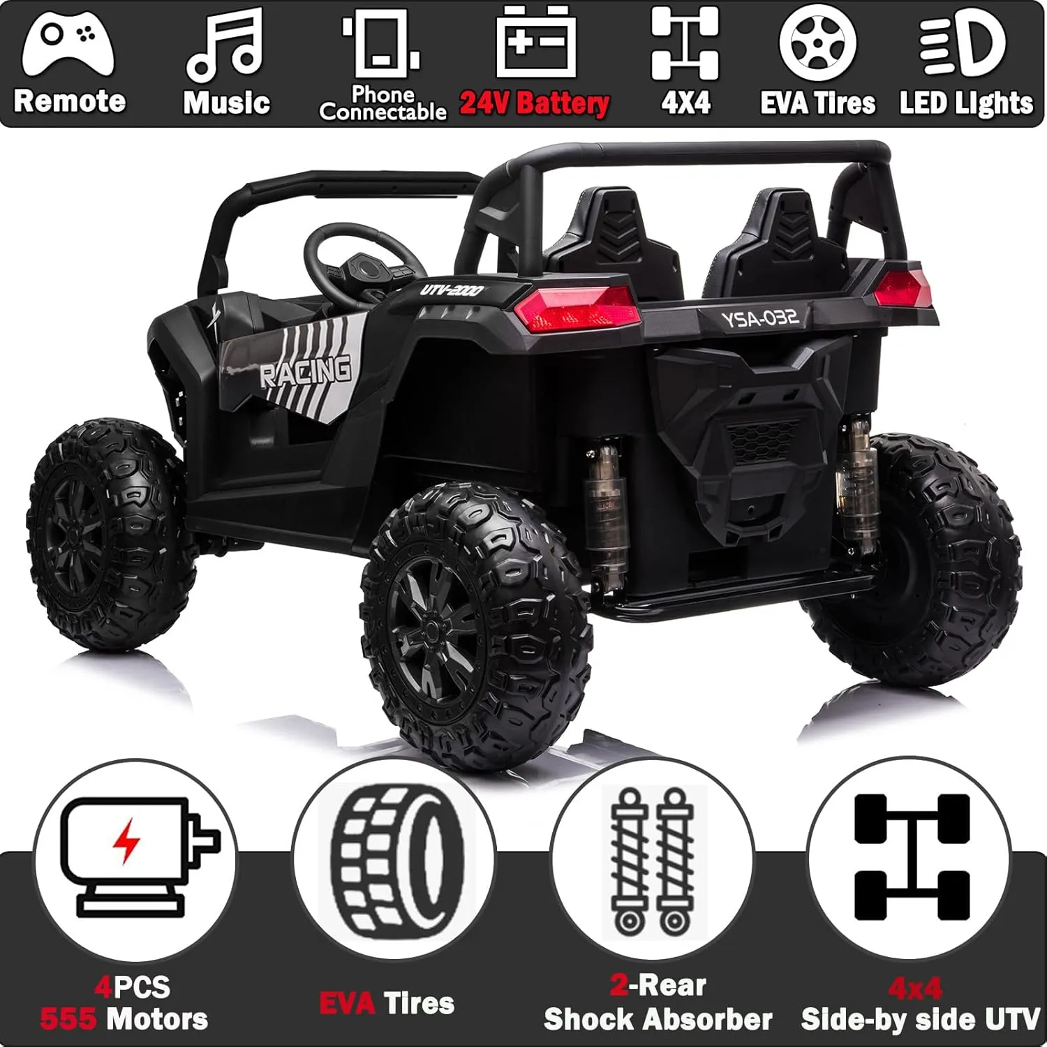 NEWQIDA XXXL Side by Side UTV, 24V Ride On Toys for Big Kids, 2 Seater Ride On Car with Remote Control, Electric Vehicles 4WD Ride On Truck Car Max 220lbs Load for Adults Teens Kids, Black