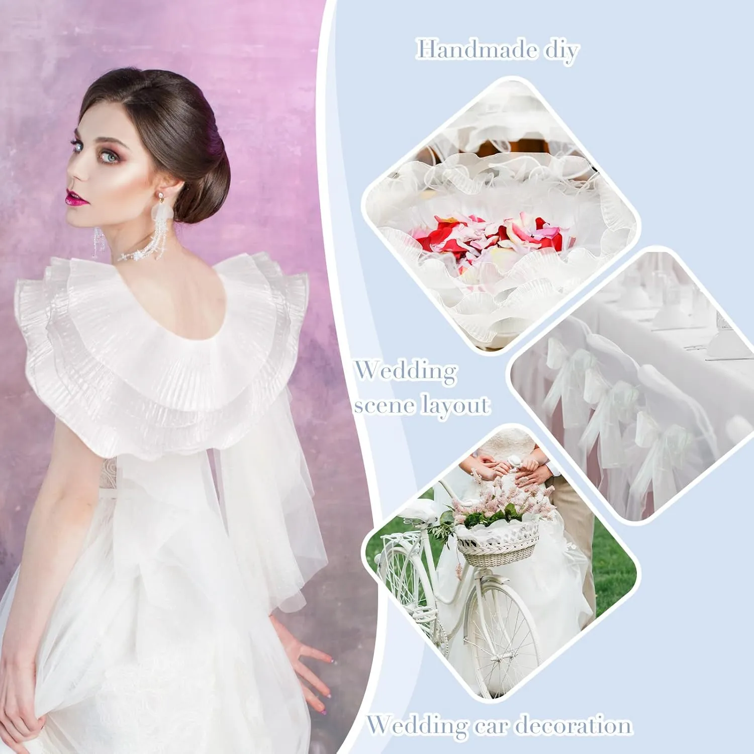 Newwiee Ruffle Pleated Chiffon Trim Organza Ruffled Iridescent Ribbon Fabric Chiffon Ribbon Lace Fabric Trim for Jellyfish Hat Lanter Skirt Sewing Bag Costume Trimming Craft(White,15 Yard)