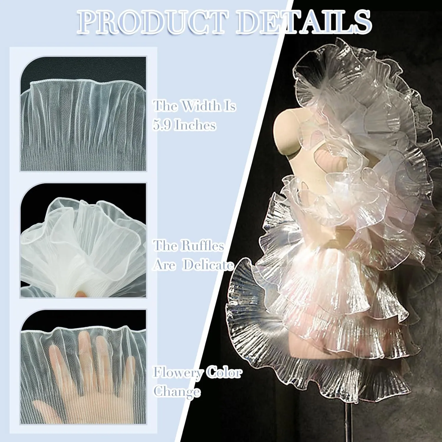 Newwiee Ruffle Pleated Chiffon Trim Organza Ruffled Iridescent Ribbon Fabric Chiffon Ribbon Lace Fabric Trim for Jellyfish Hat Lanter Skirt Sewing Bag Costume Trimming Craft(White,15 Yard)
