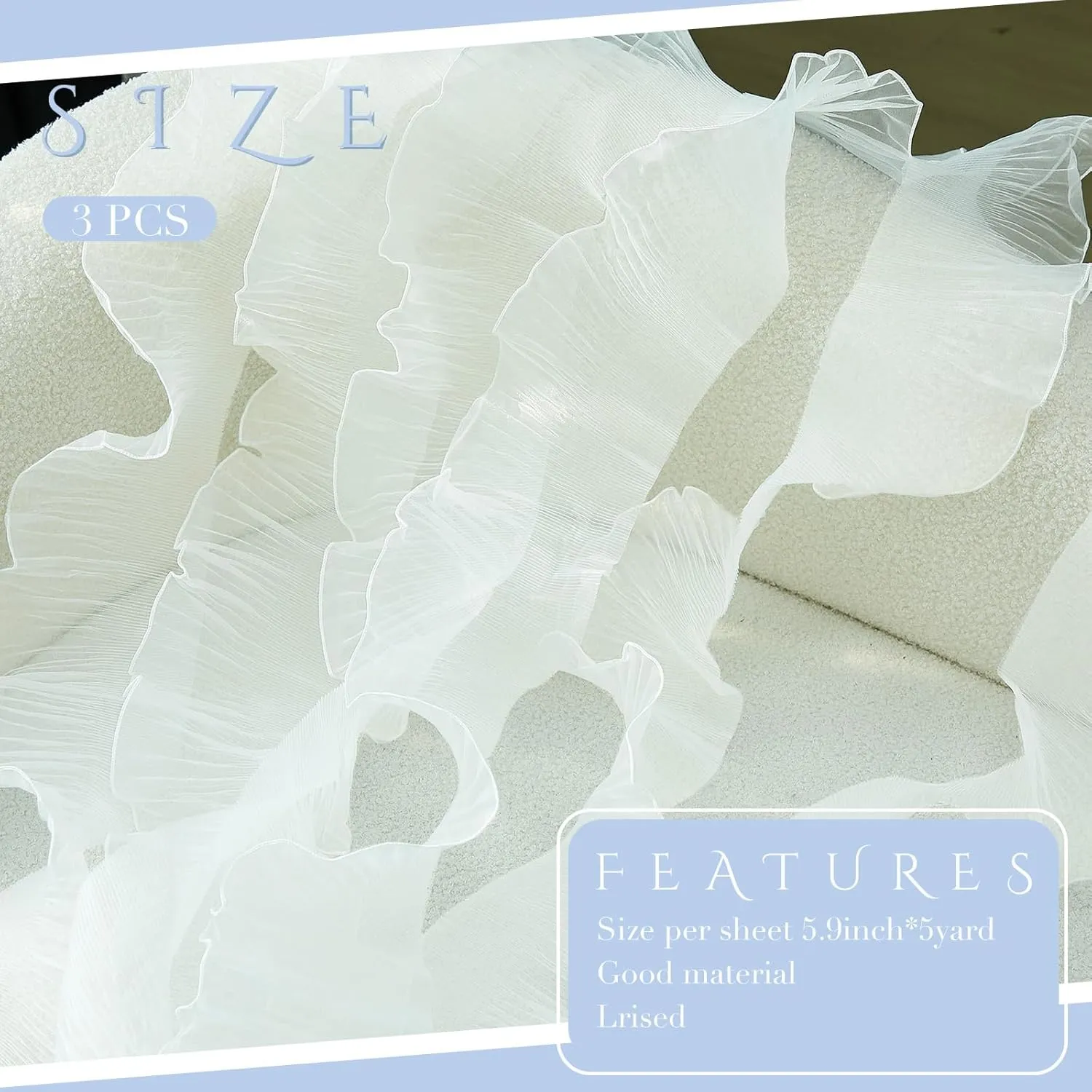 Newwiee Ruffle Pleated Chiffon Trim Organza Ruffled Iridescent Ribbon Fabric Chiffon Ribbon Lace Fabric Trim for Jellyfish Hat Lanter Skirt Sewing Bag Costume Trimming Craft(White,15 Yard)