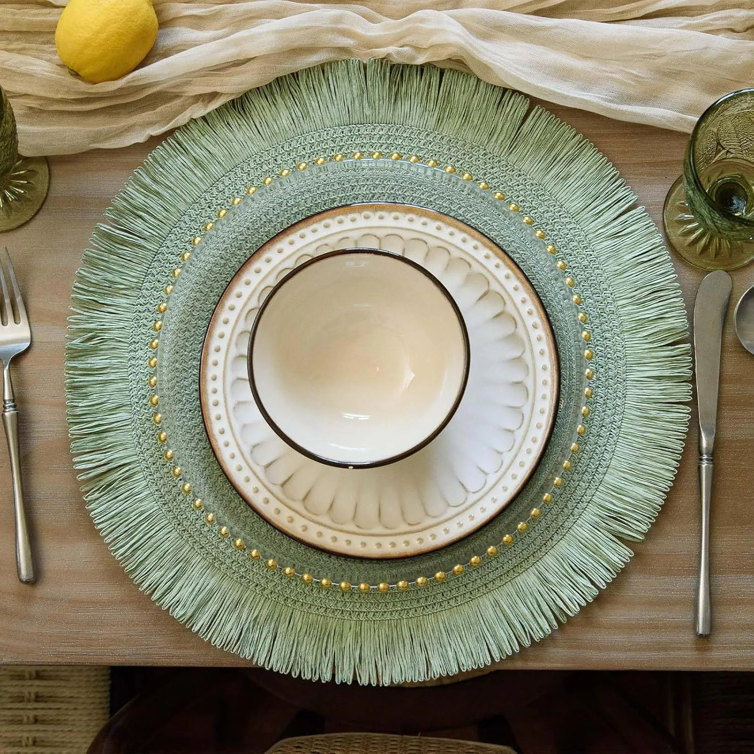 Noctiflorous Round Woven Paper Placemats Set of 12 Braided 15 Inches Indoor Outdoor Place Mats for Dining Tables Natural Farmhouse Rustic Heat Resistant Table mats Decor (Green, 12)