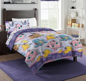 Northwest Pokemon Twin Sized Bed in a Bag Set, Pikachu Eevee Jigglypuff, Anime Bedding for Kids Boys Girls, Friendly Battle