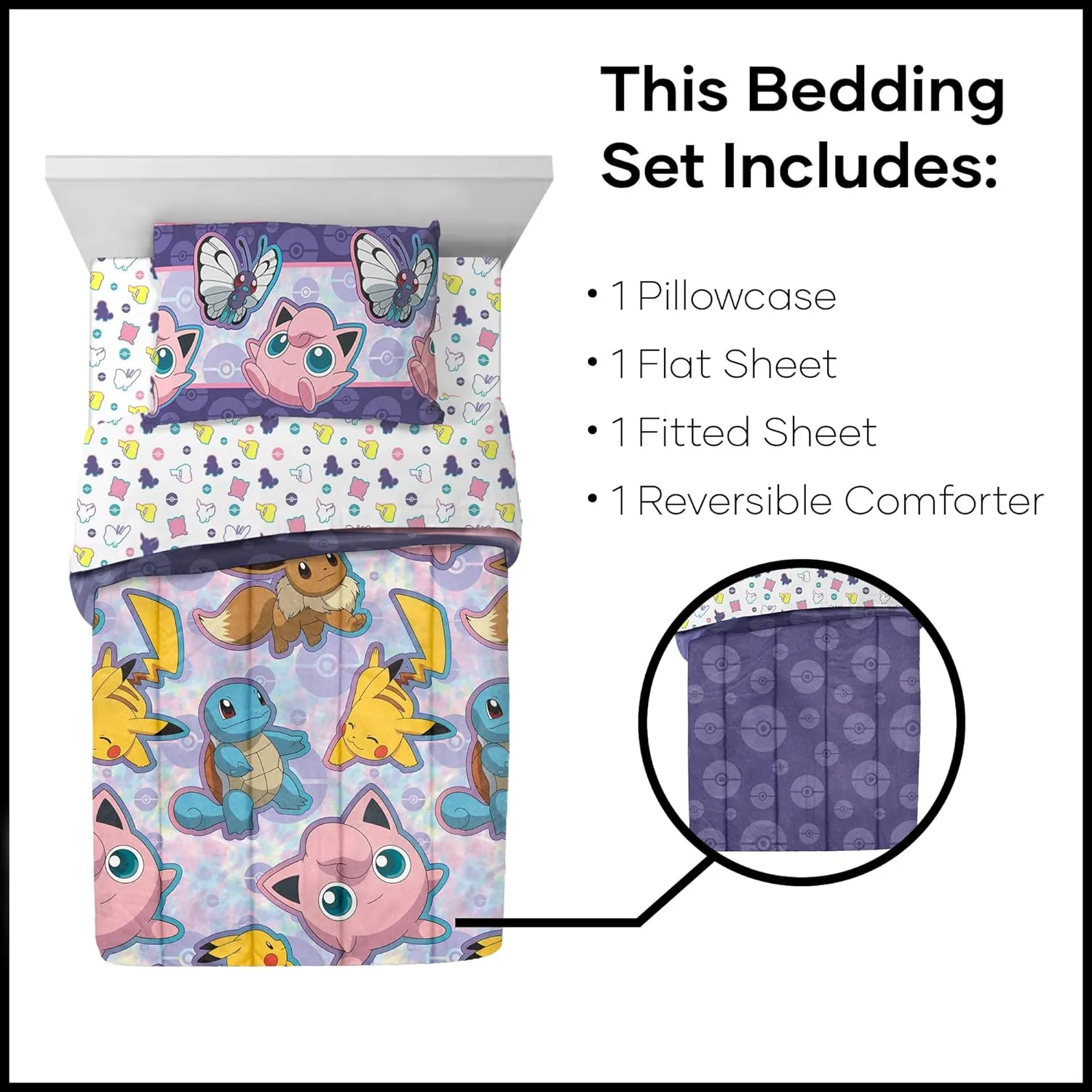 Northwest Pokemon Twin Sized Bed in a Bag Set, Pikachu Eevee Jigglypuff, Anime Bedding for Kids Boys Girls, Friendly Battle