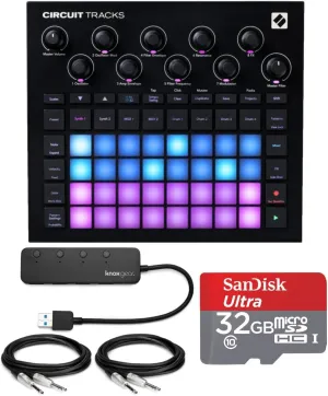 Novation Circuit Tracks Groovebox Bundle with 4-Port USB 3.0 Hub, 32GB microSD Card, and 1/4-Inch TRS Cables (2-Pack) (5 Items)
