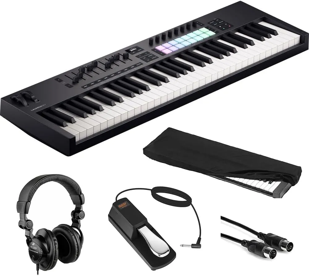 Novation Launchkey 61 MK4 USB MIDI Keyboard Controller (61 Keys) Bundle with HPC-A30 Studio Monitor Headphones, Universal Piano-Style Sustain Pedal, Keyboard Dust Cover and Midi cable 10' Black