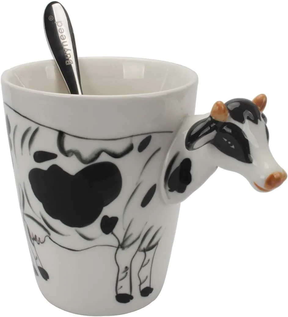 Novelty Funny Hand Painted Coffee Mug - Cows 3D Handle Handmade Large 15 oz Porcelain Tea Cup Unique Ideal Gifts