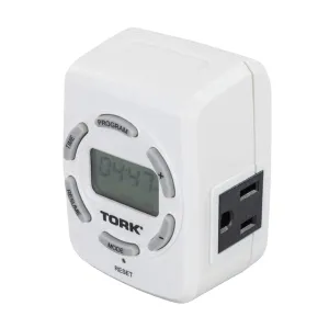 NSI TORK 458Z 7-Day Sunset Dusk to Dawn Digital Plug-in Lighting and Appliance Timer with 2 Grounded Outlets and 1-Minute Accuracy, White