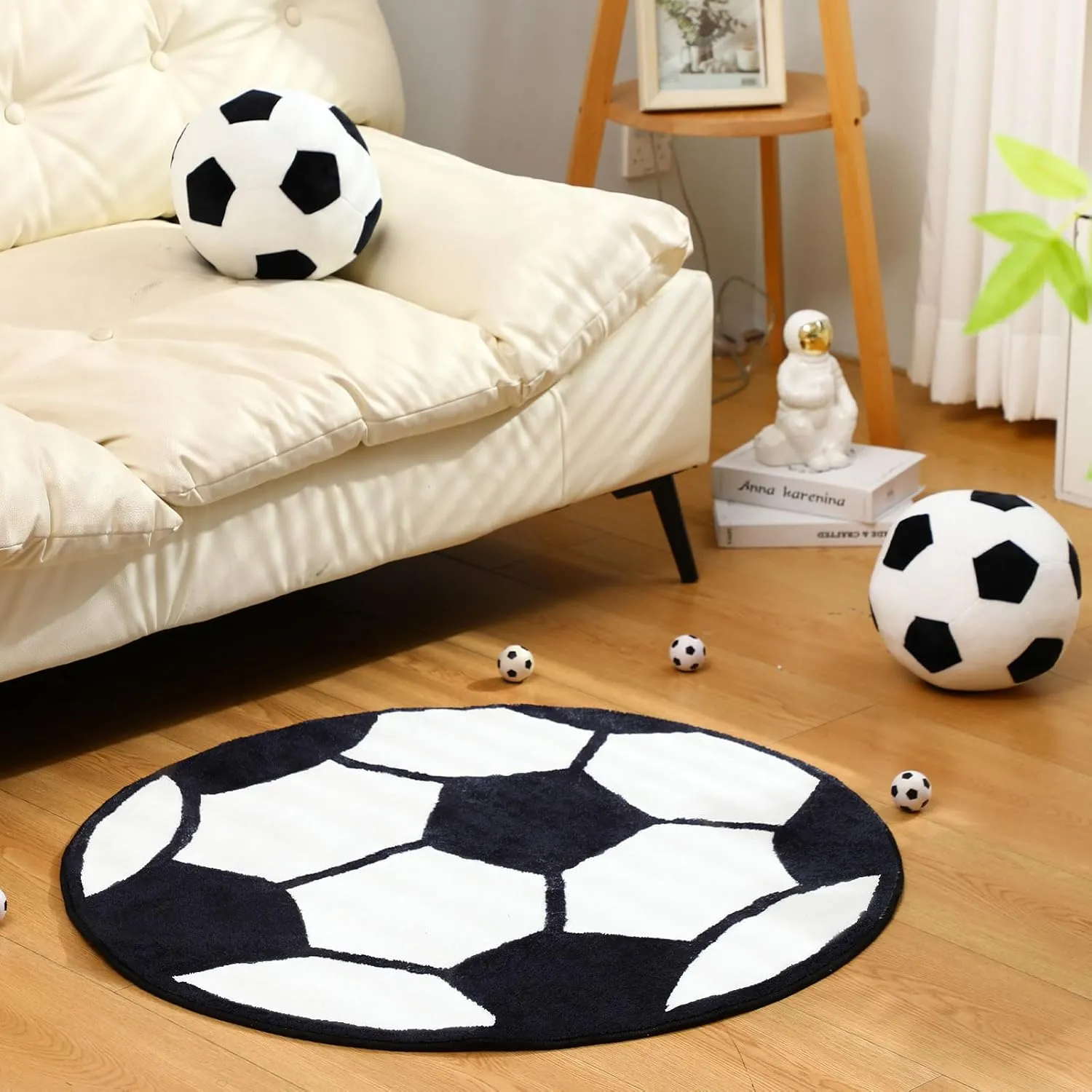 Nuanchu 3 Pcs Soccer Plush Pillows and Soccer Rug for Boys Room Decor Fluffy Soft Stuffed Sports Throw Pillows Round Carpet Area Rug for Bedroom Decor