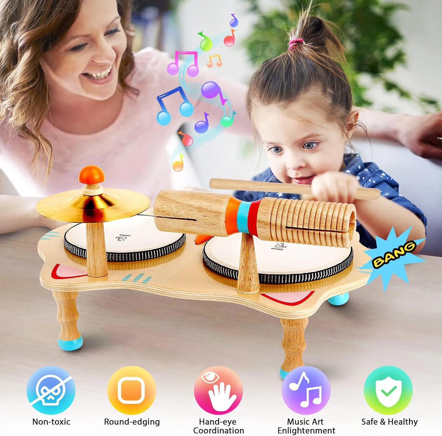 oathx Kids Drum Set All in One Montessori Musical Instruments Set Toddler Toys Natural Wooden Music Kit Baby Sensory Toys Months Birthday Gifts for Girls Boys