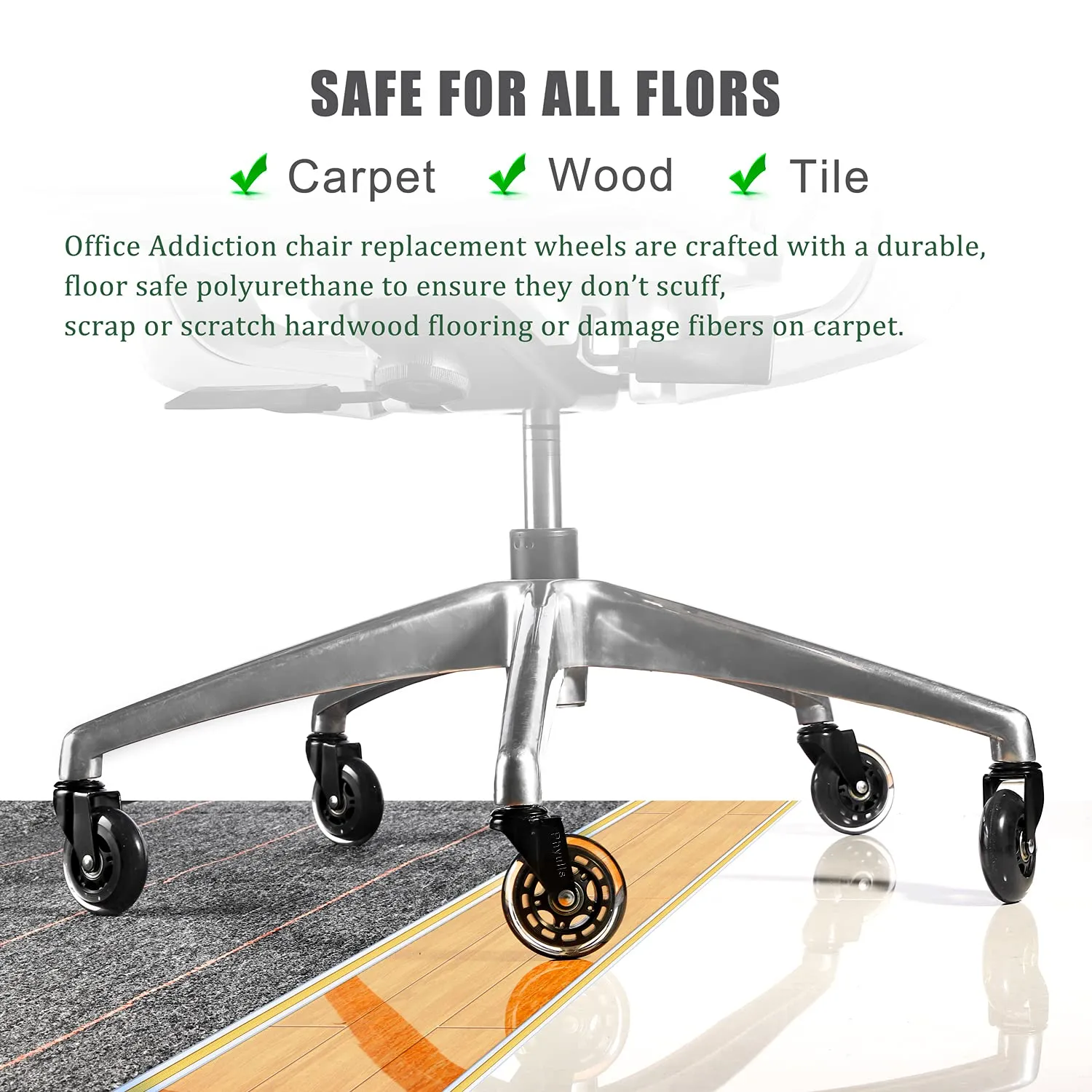 Office Chair Caster Wheels - 3" Rollerblade Replacement Rubber Chair Casters - Set of 5, Best Protection for Hardwood Floors and Carpet No More Chair Mat Needed - Universal Fit, Smooth & Silent