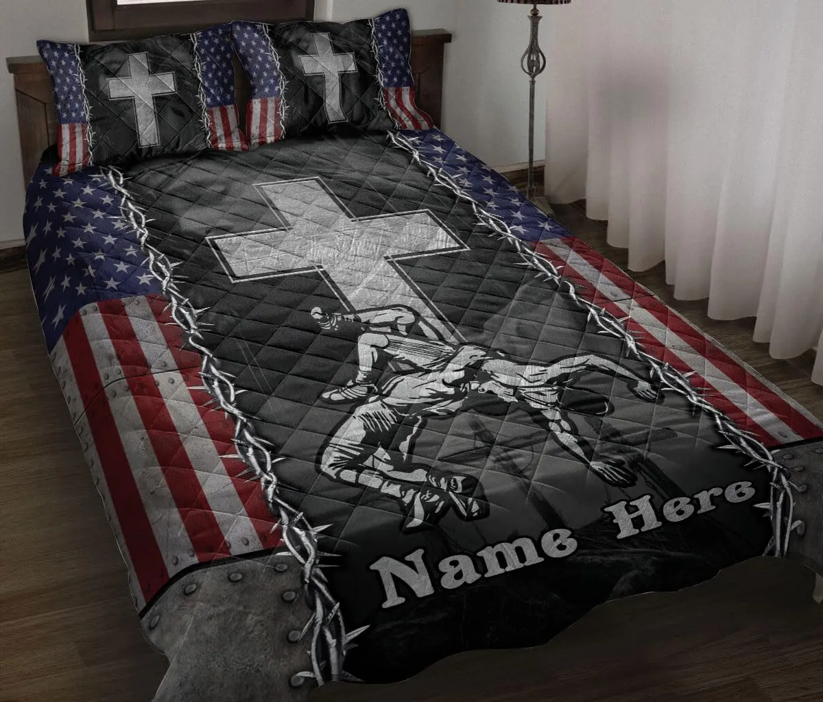 OhaPrints Custom Wrestling Gift for Boy Men Jesus Cross Personalized Name Quilt Blanket & Pillowcases, Quilts Bedding Set & Pillow Cover, King Queen Double Twin Throw Full Size Bedspread Bed Sets