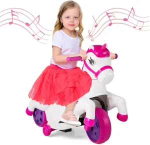 OLAKIDS 2 in 1 Ride on Motorcycle and Horse, Unicorn 6V Battery Powered Ride on Toy with Up & Down Function, MP3, Power Display, Training Wheels, Kids Electric Vehicle Aged 3-6 Years (Pink)
