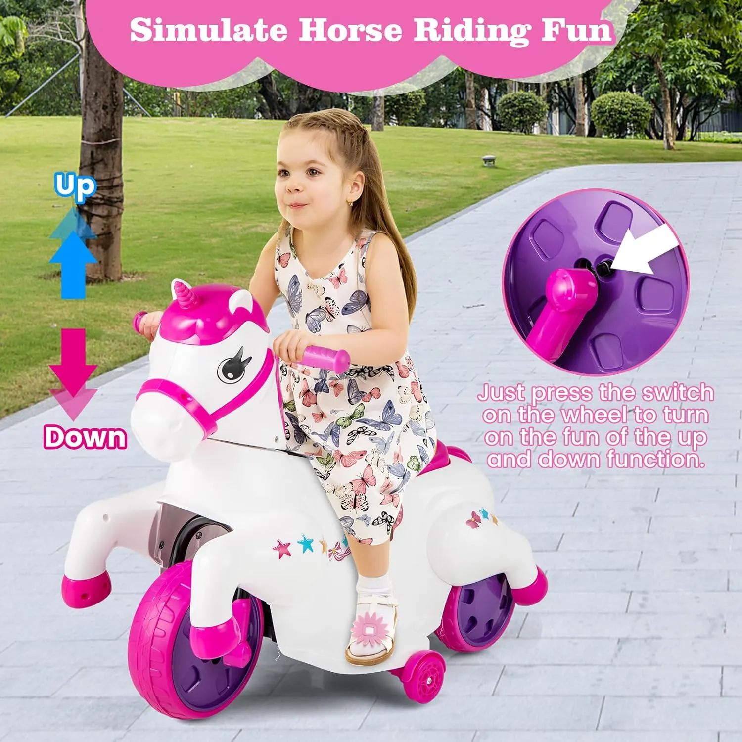 OLAKIDS 2 in 1 Ride on Motorcycle and Horse, Unicorn 6V Battery Powered Ride on Toy with Up & Down Function, MP3, Power Display, Training Wheels, Kids Electric Vehicle Aged 3-6 Years (Pink)