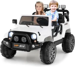 OLAKIDS 2 Seater Ride on Truck, 12V Battery Powered Electric Vehicle for Kids with Remote Control, Power Display, LED Lights, Story, Suspension System, MP3, Ride on Toy for 3  Boys Girls (White)