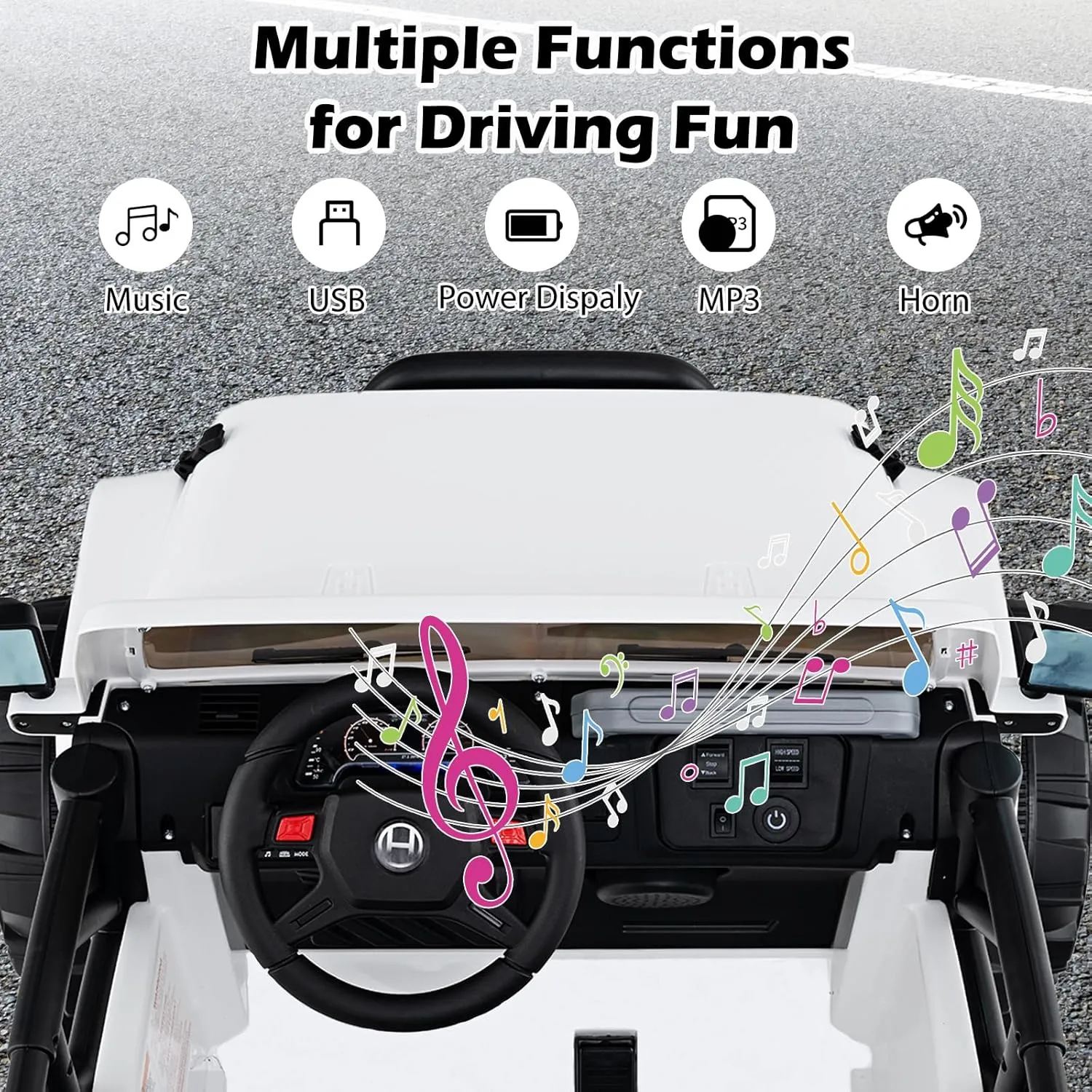 OLAKIDS 2 Seater Ride on Truck, 12V Battery Powered Electric Vehicle for Kids with Remote Control, Power Display, LED Lights, Story, Suspension System, MP3, Ride on Toy for 3  Boys Girls (White)
