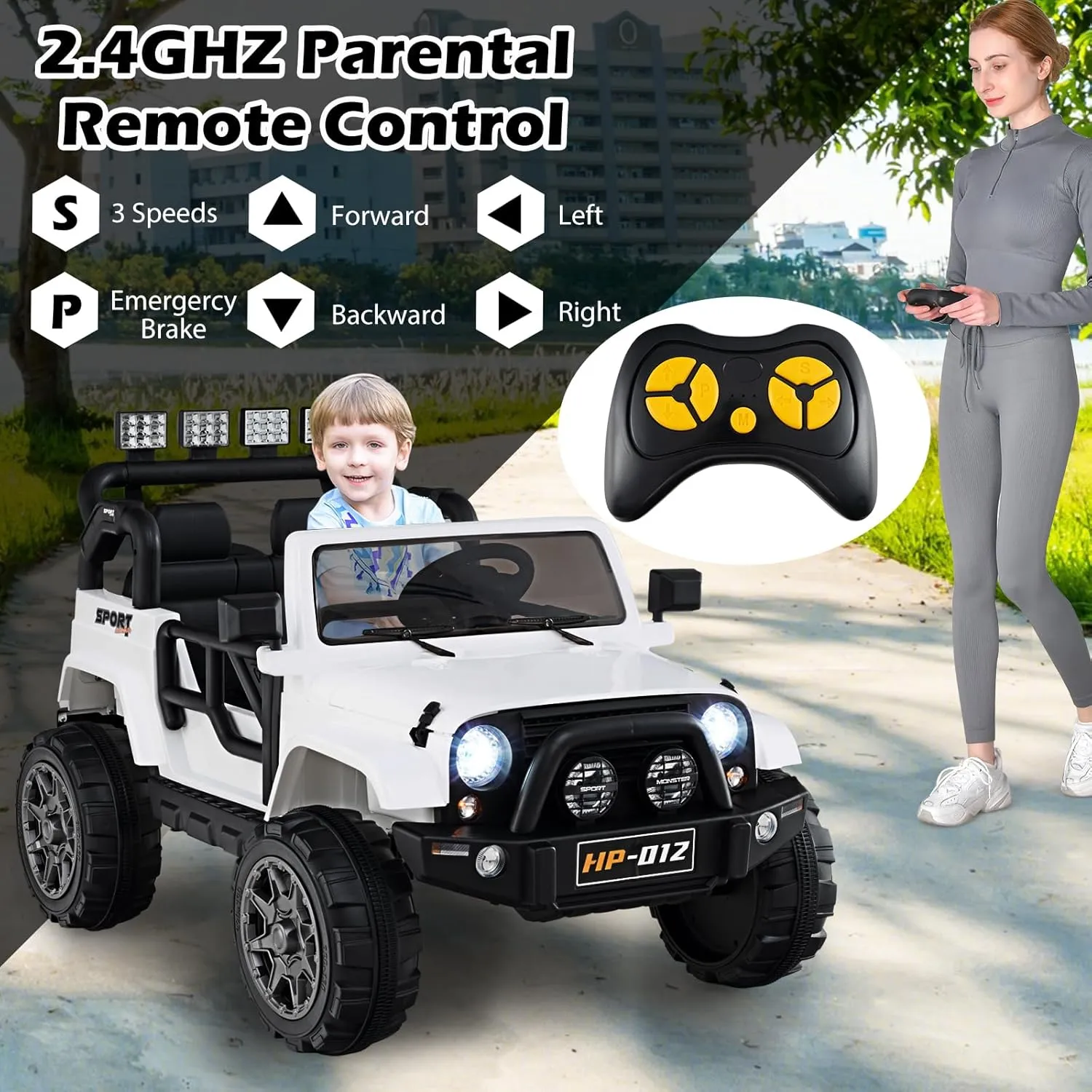 OLAKIDS 2 Seater Ride on Truck, 12V Battery Powered Electric Vehicle for Kids with Remote Control, Power Display, LED Lights, Story, Suspension System, MP3, Ride on Toy for 3  Boys Girls (White)
