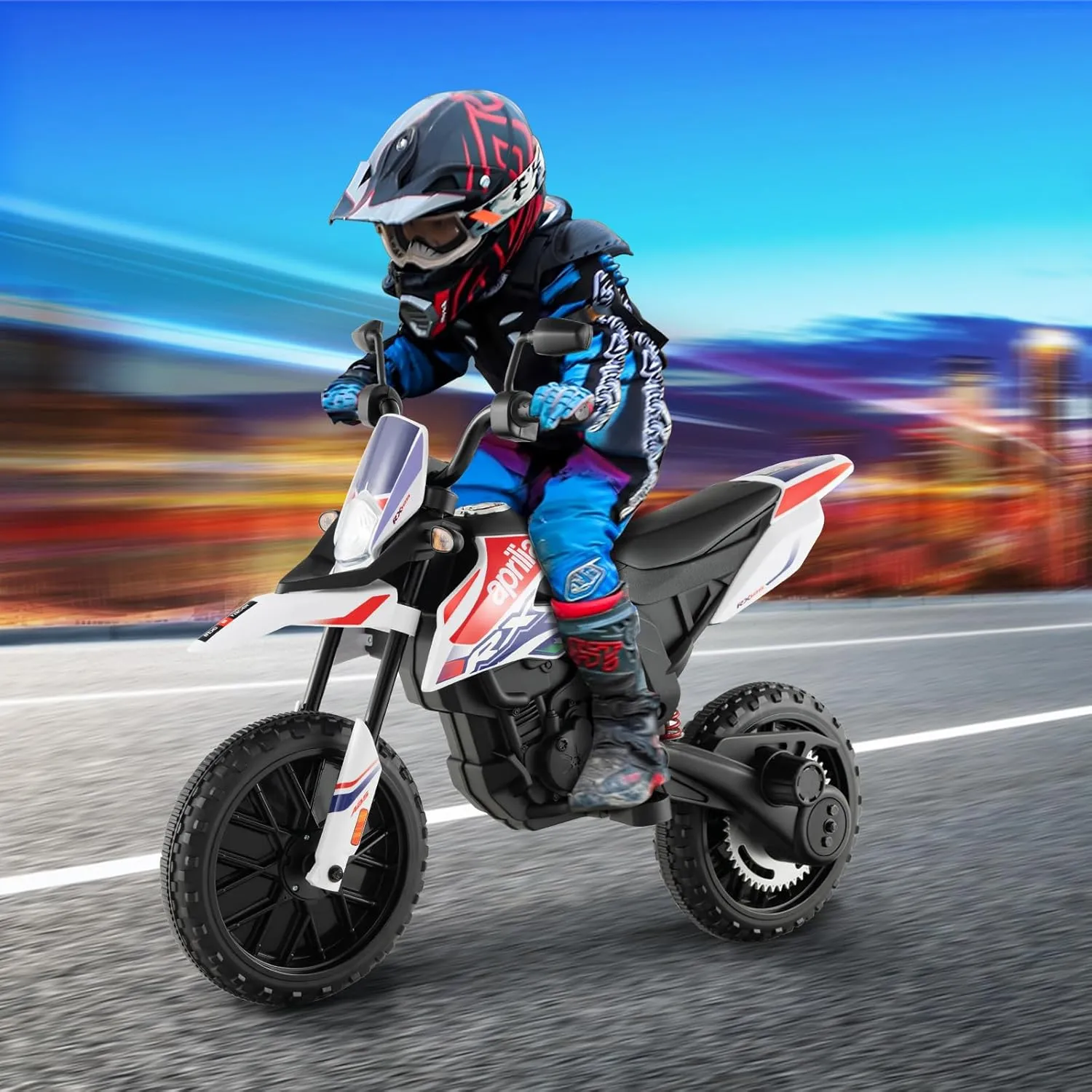 OLAKIDS Kids Motorcycle, Licensed Aprilia RX125 12V Ride on Electric Dirt Bike with Training Wheels, Spring Suspension, Battery Powered Off Road Motorbike Toy with Bluetooth, USB, Lights