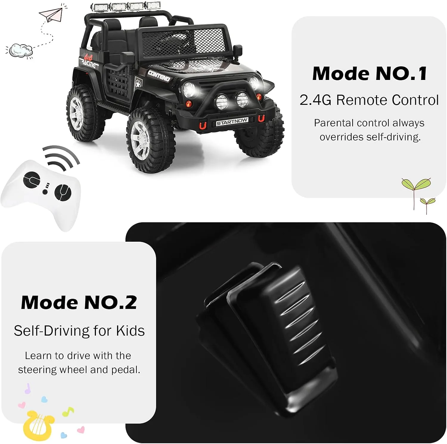 OLAKIDS Kids Ride on Truck, 12V 2 Seat Battery Powered Electric Toy Car with Parental Remote Control, 4 Wheels Toddler Vehicle with Spring Suspension, LED Lights, Music