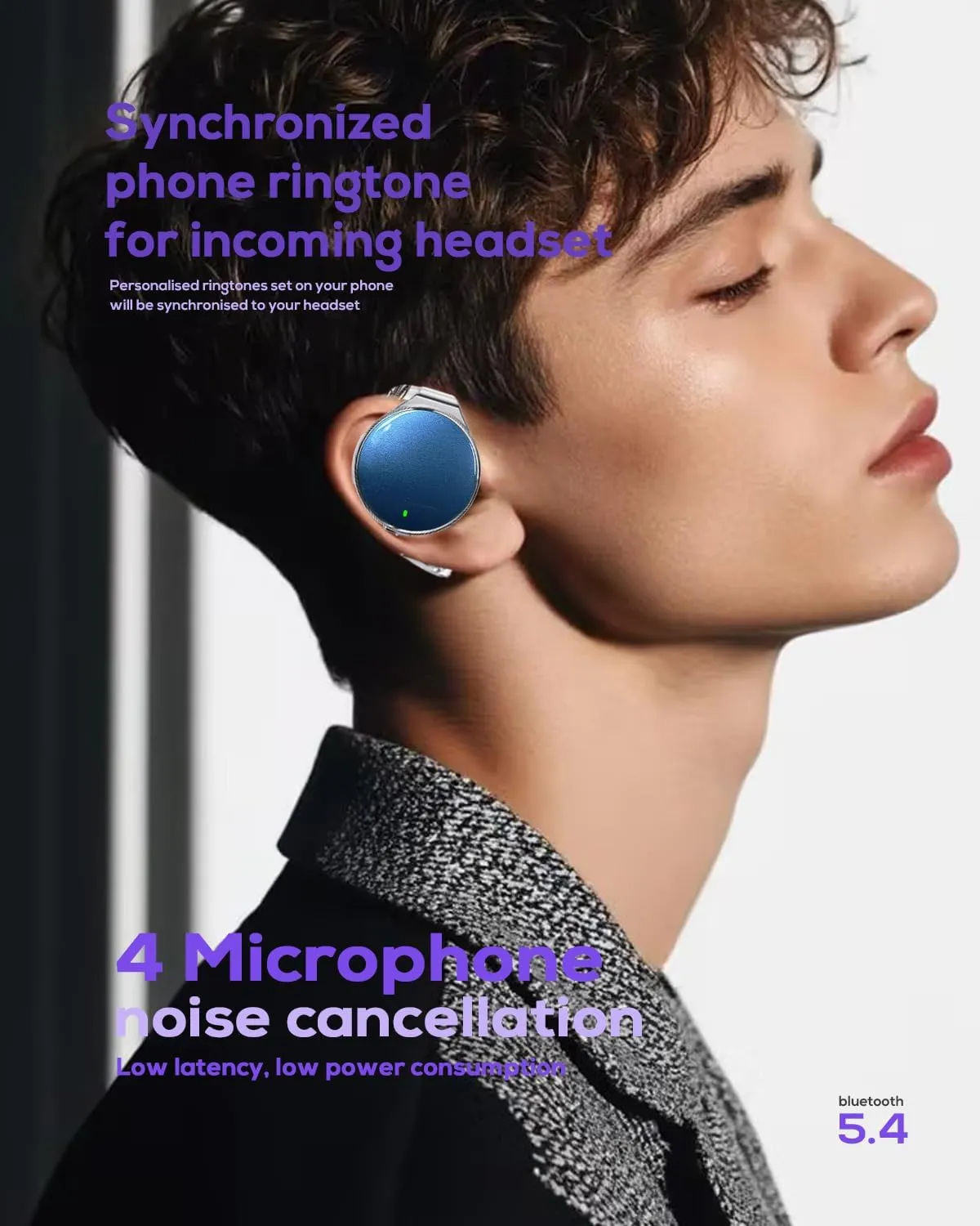 On Ear Headphones Bluetooth 5.4, Noise Cancelling Open Ear Headphones Wireless, Water-Drop Shaped Clip On Sport Headset Bluetooth with 4 Microphone, Comfort Fit Earphones with Long Battery Life