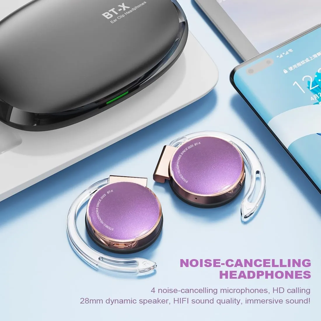 On Ear Headphones Bluetooth, Noise Cancelling Open Ear Headphones Wireless, Clip On Sport Headset Bluetooth with 4 Microphone, Comfort Fit Earphones with Long Battery Life