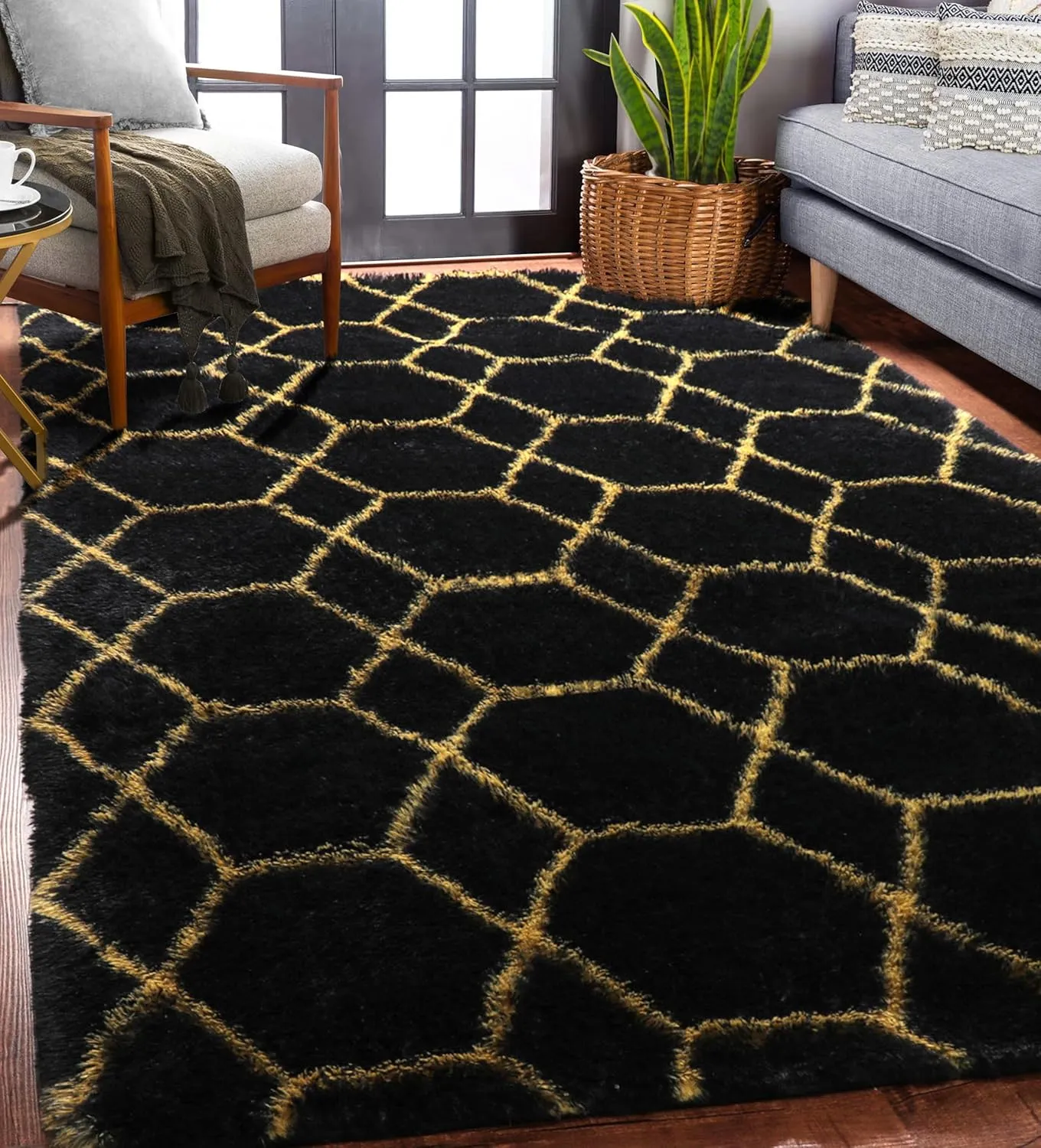 ONASAR 5x8 Rugs for Living Room Bedroom, Washable Fluffy Black and Gold Area Rug, Geometric Boho Soft Plush Shaggy Floor Carpet Mat for Nursery Kids Girls Boys Teen Dorm Home Decor Aesthetic