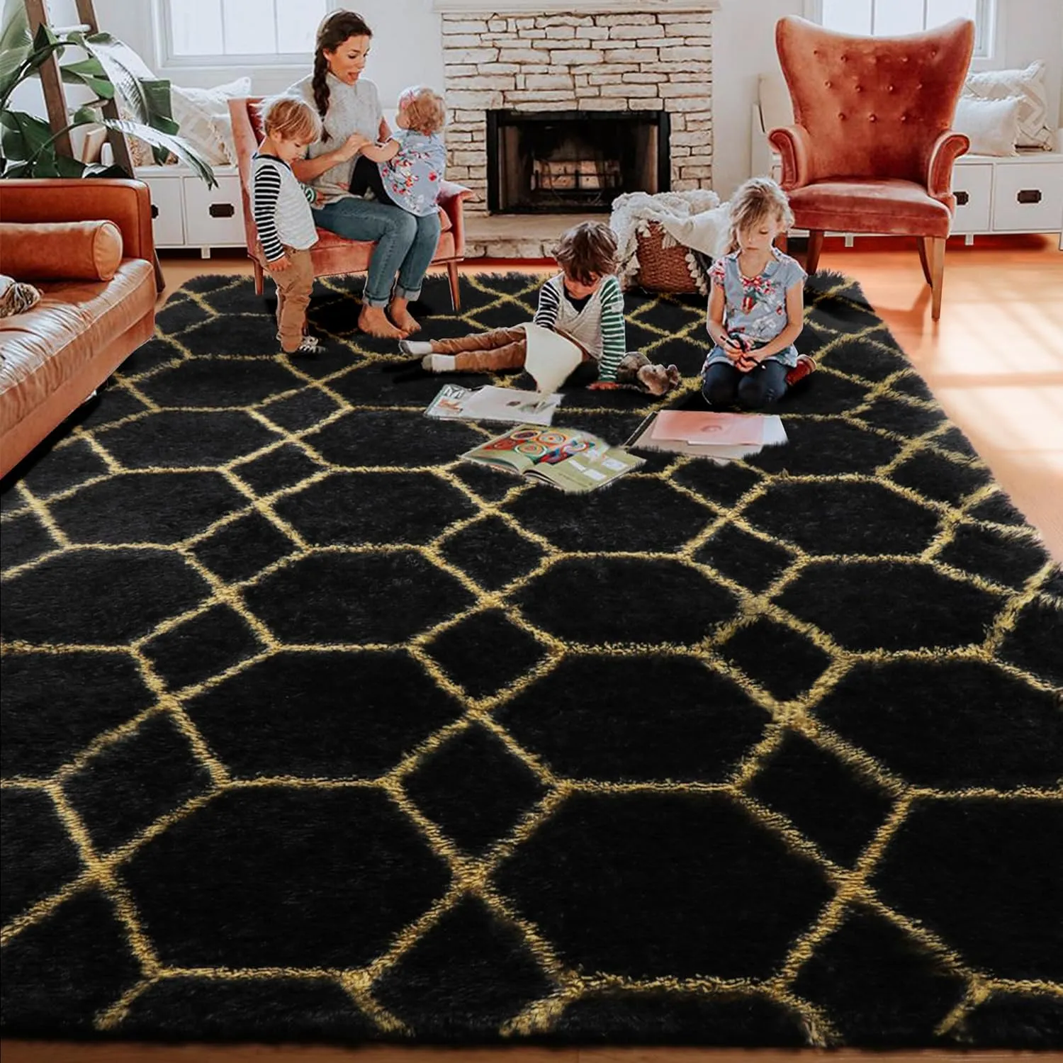 ONASAR 5x8 Rugs for Living Room Bedroom, Washable Fluffy Black and Gold Area Rug, Geometric Boho Soft Plush Shaggy Floor Carpet Mat for Nursery Kids Girls Boys Teen Dorm Home Decor Aesthetic