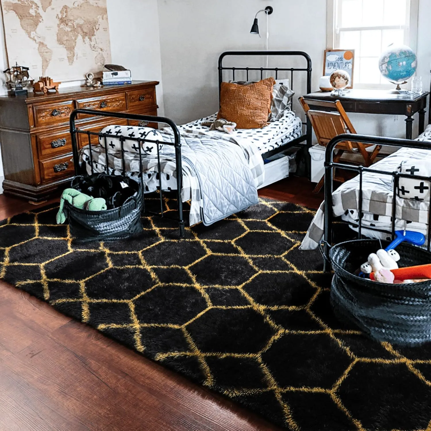 ONASAR 5x8 Rugs for Living Room Bedroom, Washable Fluffy Black and Gold Area Rug, Geometric Boho Soft Plush Shaggy Floor Carpet Mat for Nursery Kids Girls Boys Teen Dorm Home Decor Aesthetic