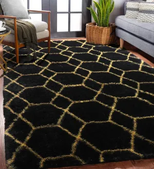ONASAR 5x8 Rugs for Living Room Bedroom, Washable Fluffy Black and Gold Area Rug, Geometric Boho Soft Plush Shaggy Floor Carpet Mat for Nursery Kids Girls Boys Teen Dorm Home Decor Aesthetic