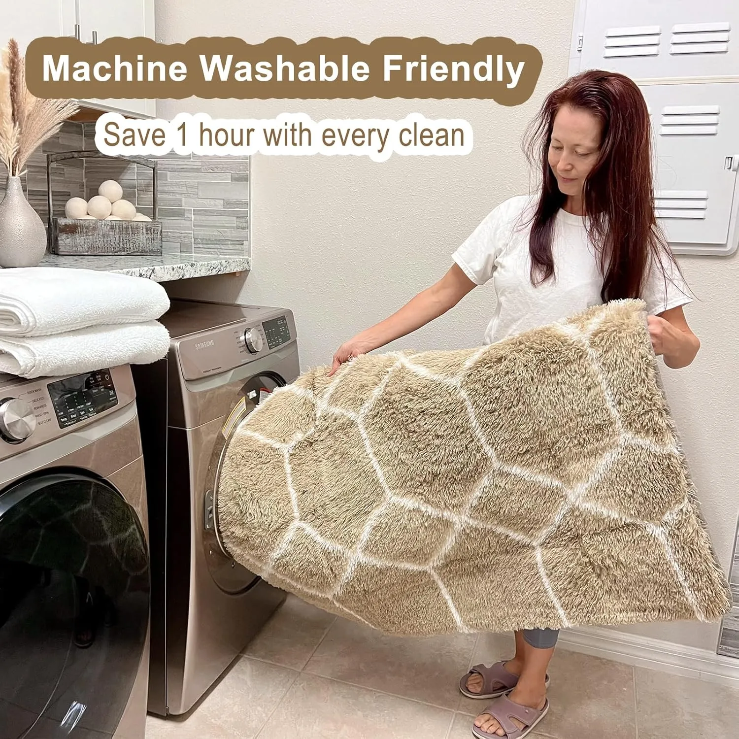 ONASAR Area Rugs for Bedroom Living Room, Washable 4x6 Fluffy Beige and White Throw Rug Floor Mat for Home Decor Aesthetic, Geometric Soft Shaggy Plush Carpet for Kids Teen Nursery Dorm Office