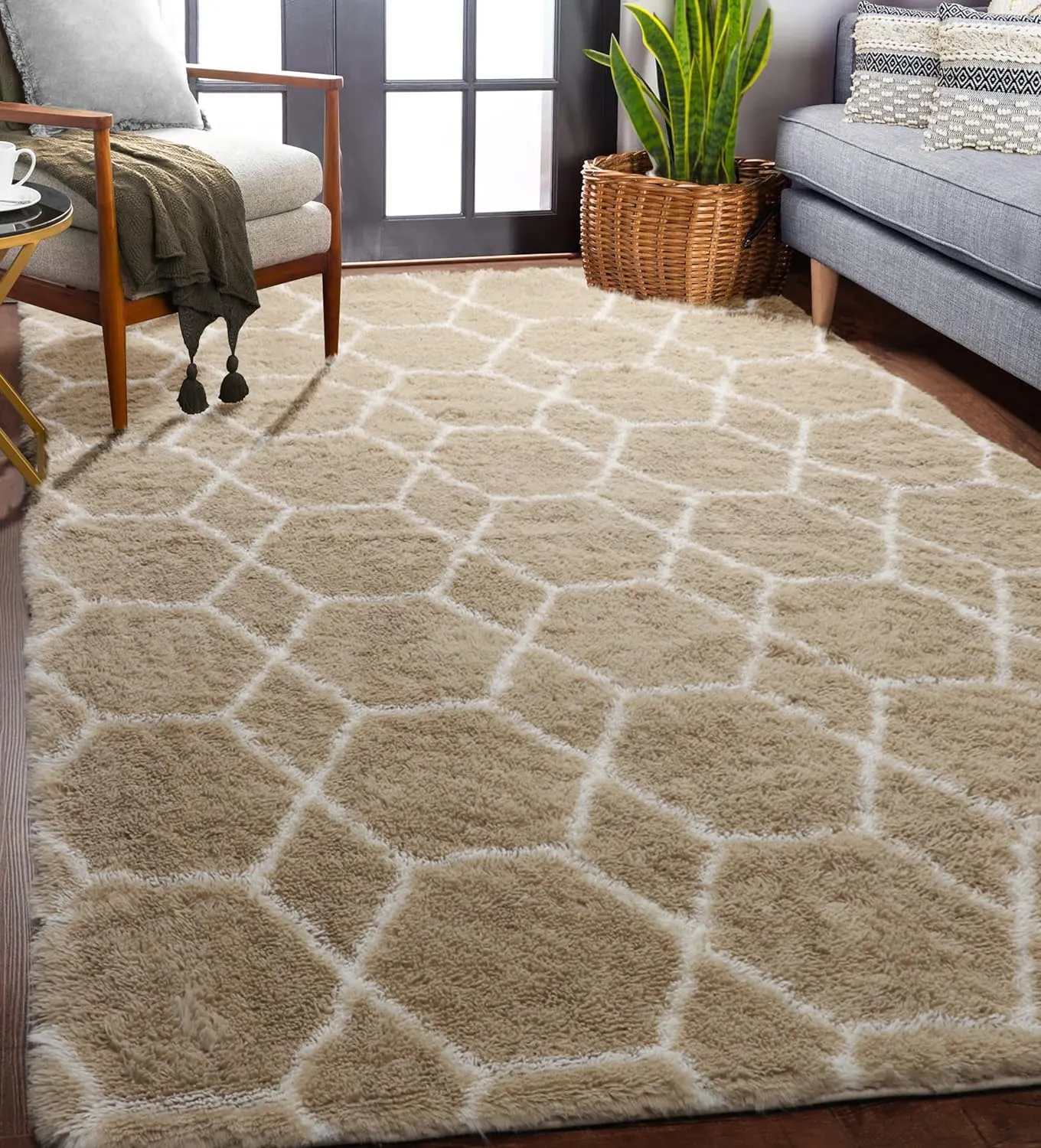 ONASAR Area Rugs for Bedroom Living Room, Washable 4x6 Fluffy Beige and White Throw Rug Floor Mat for Home Decor Aesthetic, Geometric Soft Shaggy Plush Carpet for Kids Teen Nursery Dorm Office