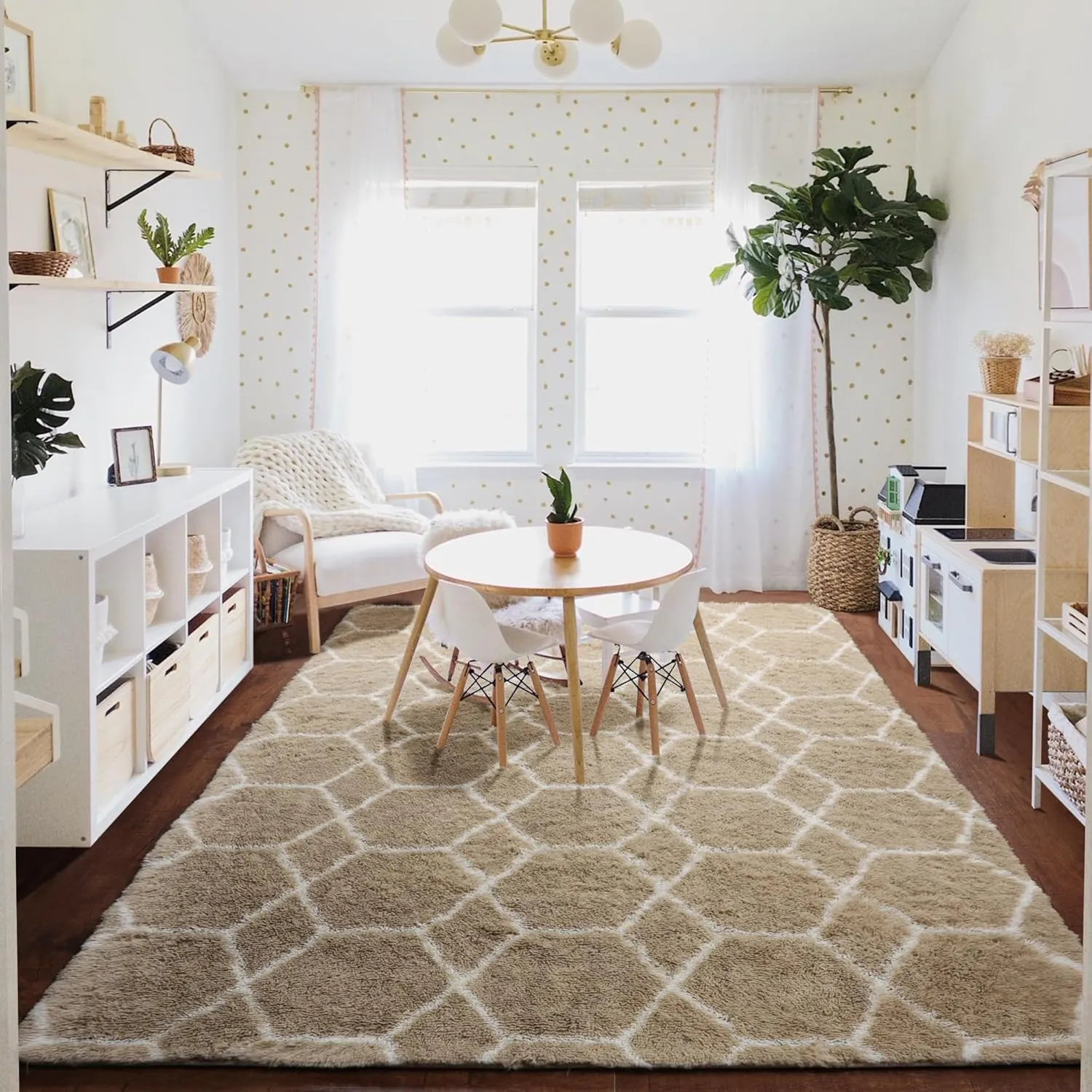 ONASAR Area Rugs for Bedroom Living Room, Washable 4x6 Fluffy Beige and White Throw Rug Floor Mat for Home Decor Aesthetic, Geometric Soft Shaggy Plush Carpet for Kids Teen Nursery Dorm Office