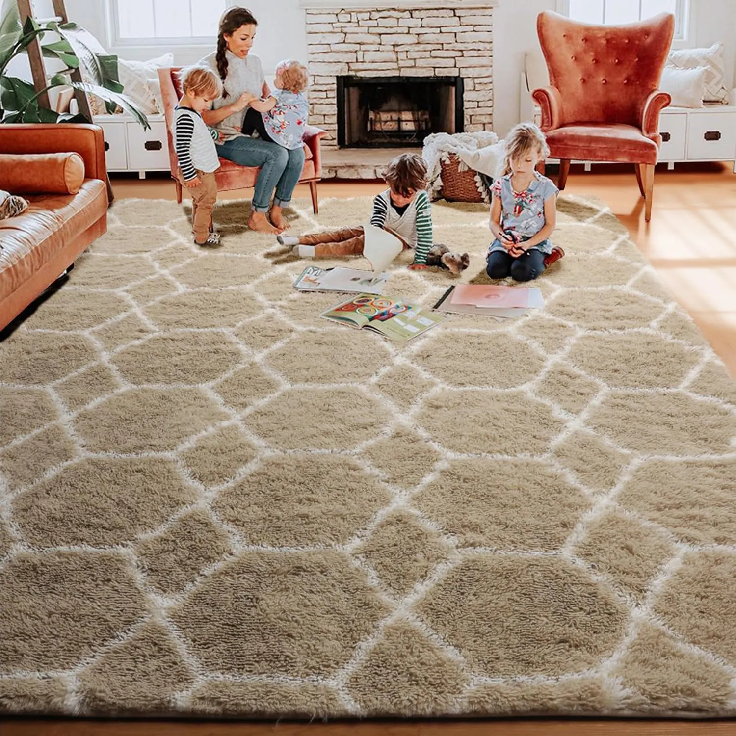 ONASAR Area Rugs for Bedroom Living Room, Washable 4x6 Fluffy Beige and White Throw Rug Floor Mat for Home Decor Aesthetic, Geometric Soft Shaggy Plush Carpet for Kids Teen Nursery Dorm Office