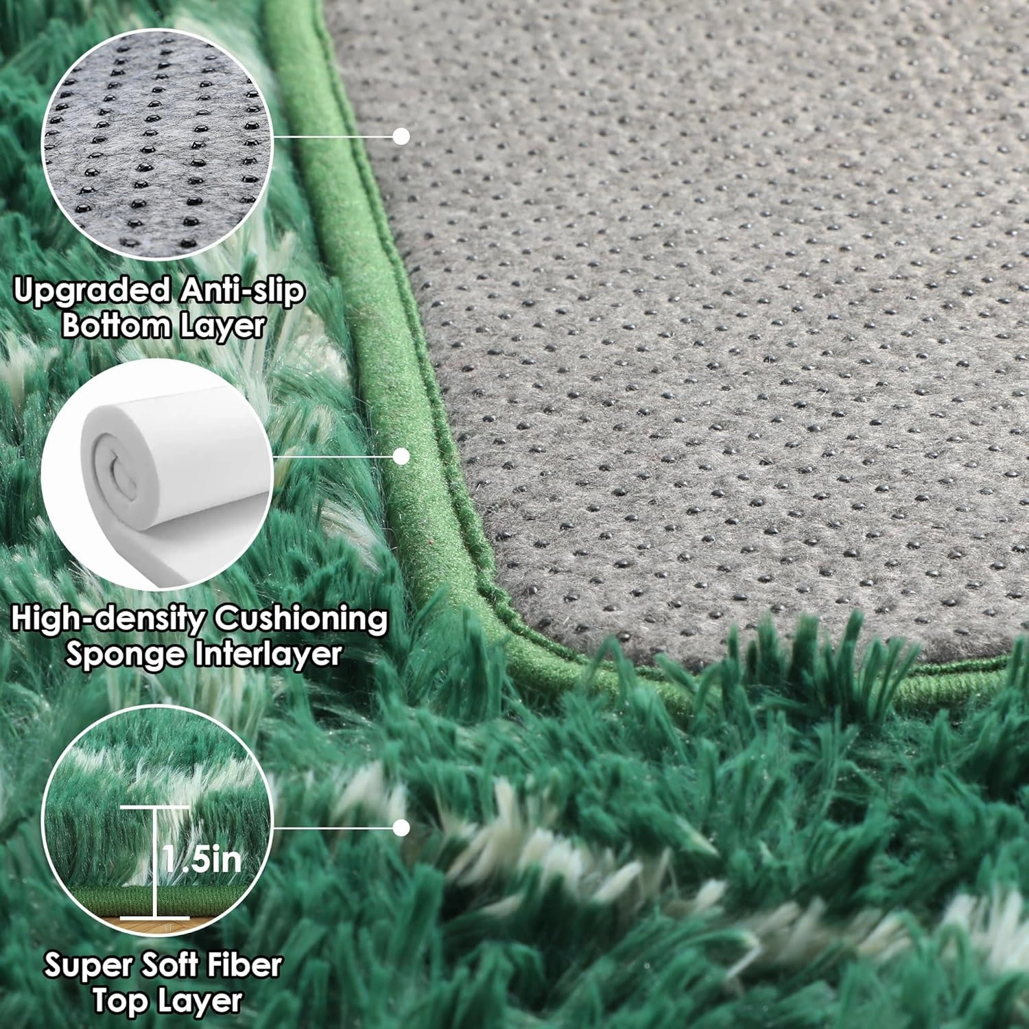 ONASAR Area Rugs for Living Room Bedroom, 5x8 Washable Fluffy Dark Green and White Rug, Geometric Boho Soft Plush Shaggy Fuzzy Floor Carpet for Nursery Kids Girls Boys Teen Dorm Home Decor Aesthetic